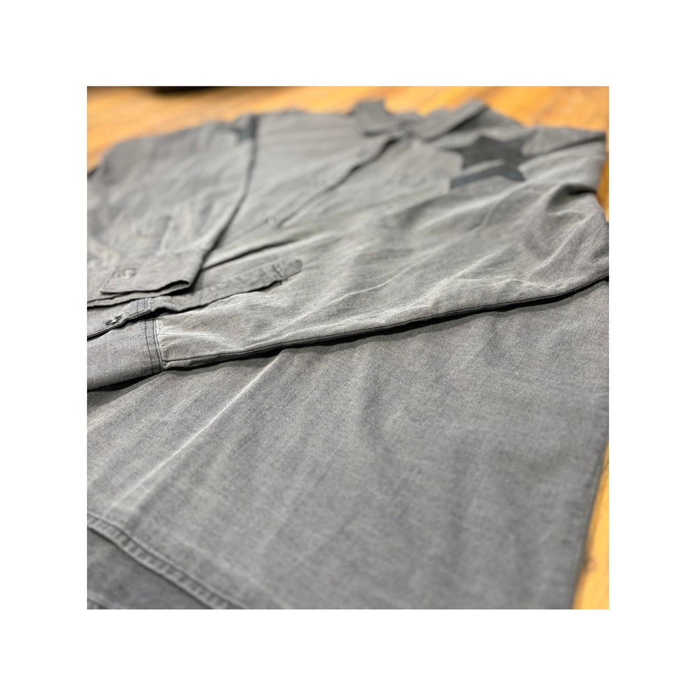 Unbranded Gray Star Patch Button Down Oversized Western Streetwear Shirt Top‎ - Picture 5 of 7